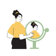 Beauty salon concept with cartoon people in flat design for web. Woman getting hairstyle and stylish makeover and looking in mirror. Vector illustration for social media banner, marketing material.