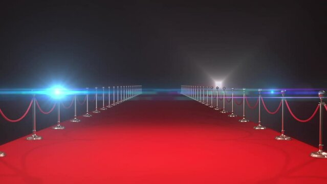 Animation of white spotlights and flashbulbs over empty red carpet runway and crowd barriers