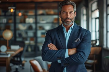 A middle-aged professional business man stands with arms crossed against an office background