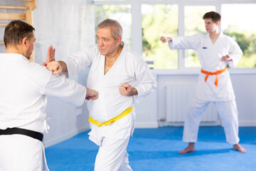 Focused experienced elderly karate fighter engaging kumite with male rival, demonstrating martial art techniques in training room