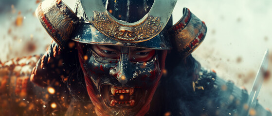 A close up of a war hardened Samurai is leading the charge across a fiery landscape on the battlefield.