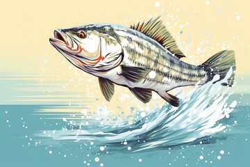 Illustration of a striped bass leaping out of water with splashing water background. Generative AI