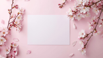 A blank white card is surrounded by blooming cherry blossom branches on a pastel pink background, offering a perfect setting for a springtime message with ample copy space.