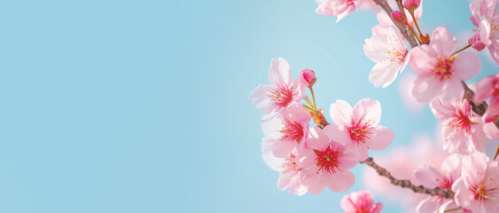 Fototapeta na wymiar Delicate pink cherry blossoms bloom on a branch, set against a clear, soft blue sky, conveying a feeling of freshness, purity, and the gentle arrival of spring