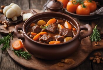 Beef meat stewed with potatoes, carrots and spices in a brown ceramic pot