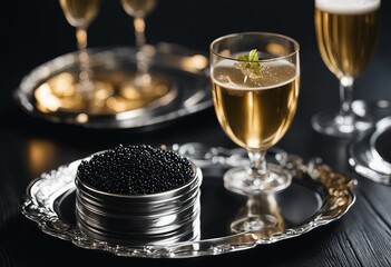 Black caviar in a can and champagne on silver tray on black wooden background close-up
