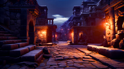 Obraz premium Computer generated image of street with stone buildings and stone path.