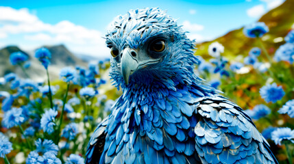 Close up of blue bird in field of flowers with mountains in the background.