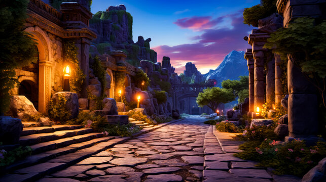 Computer generated image of street in fantasy world at night with mountain range in the background.