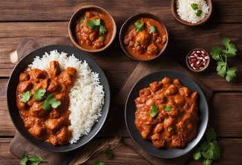 Plates of Chicken tikka masala spicy curry meat food with white rice on a wooden background