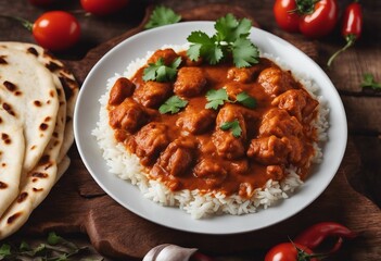 Spicy goulash meat food with rice and naan bread on a white plate