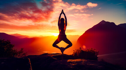 Woman doing yoga on top of mountain with the sun setting in the background.