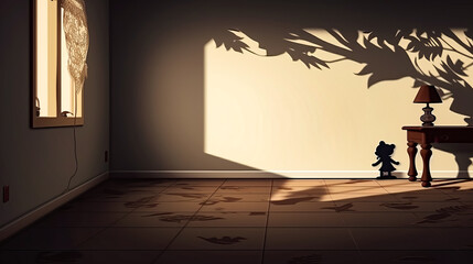 Shadow of tree on wall in room with tiled floor.