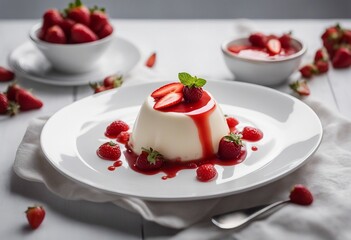 Panna cotta dessert on white plate decorated with strawberry dressing