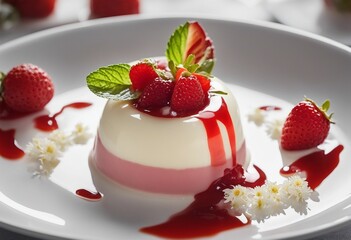 Dessert panna cotta on white plate decorated with strawberies