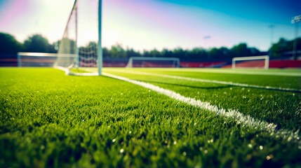 Soccer field with goal and goal post in the foreground. - obrazy, fototapety, plakaty