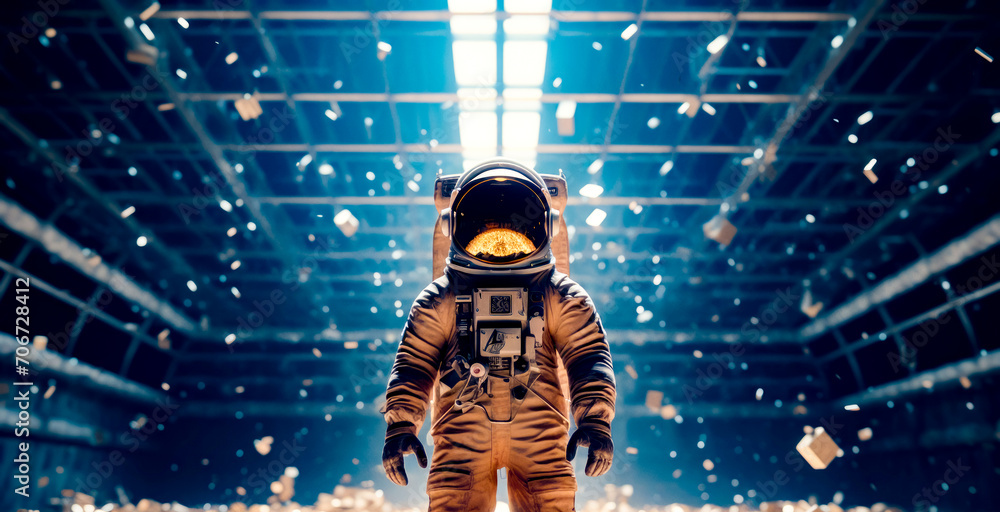 Poster astronaut in space suit standing in front of large amount of debris.