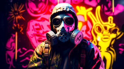 Man wearing gas mask in front of wall with graffiti on it.