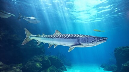 Fototapeta premium Great barracuda fish swimming underwater photography AI Generated Image