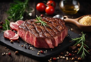 Raw fresh meat beef steak entrecote and tomatoes on a dark wooden background