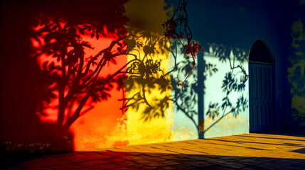 Shadow of tree on wall next to tree branch on sidewalk.