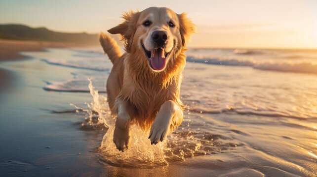 Golden retriever dog running on beautiful beach pictures