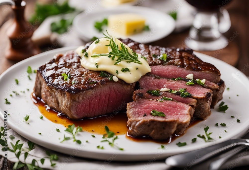 Wall mural Sliced medium rare grilled Beef steak with herb butter on a white plate