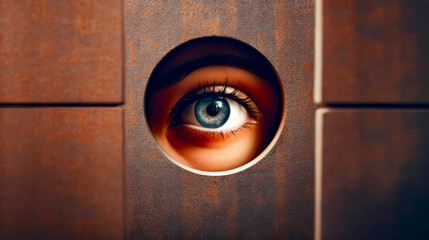 Close up of person's eye through hole in wall.