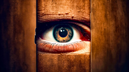 Close up of person's eye looking through wooden door. - obrazy, fototapety, plakaty