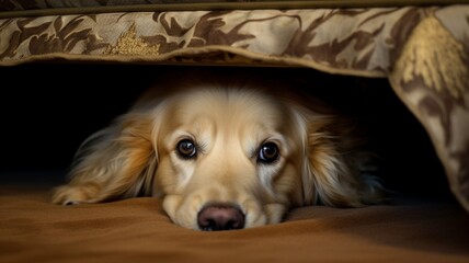 Golden retriever pet dog hiding under bed picture - obrazy, fototapety, plakaty