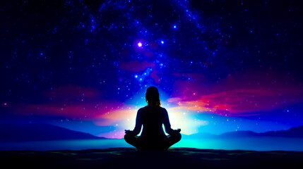 Person sitting in lotus position in front of night sky with stars.