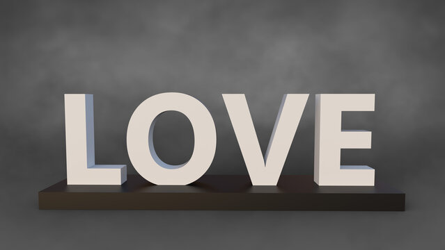 3D letters spelling LOVE on a wooden base. 3D rendering.