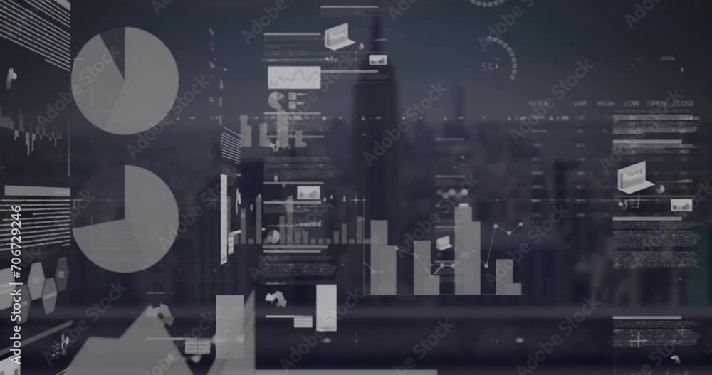 Aufkleber animation of statistics and financial data processing over cityscape