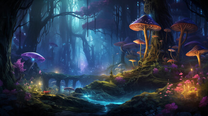 Fototapeta na wymiar magical forest scene with enchanting bioluminescence