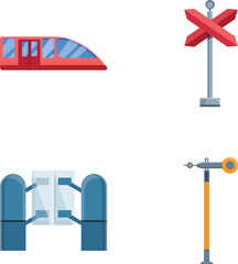 Railway transport icons set cartoon vector. Train, semaphore and barrier. Modern public transport