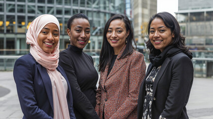 Diverse multicultural businesswomen smiling in urban setting. Generative AI image
