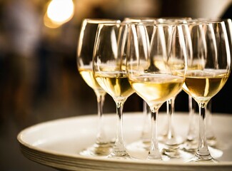 Glasses of white wine on waiter's tray