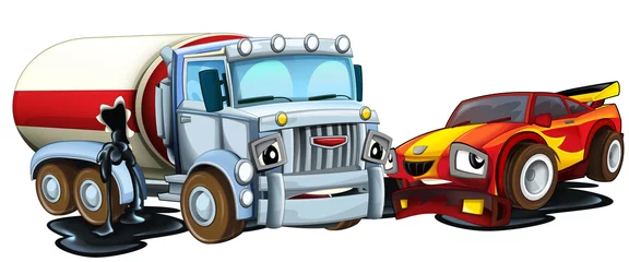 Gardinen cartoon scene with two cars crashing in accident sports car and construction site cistern isolated illustration for children © honeyflavour