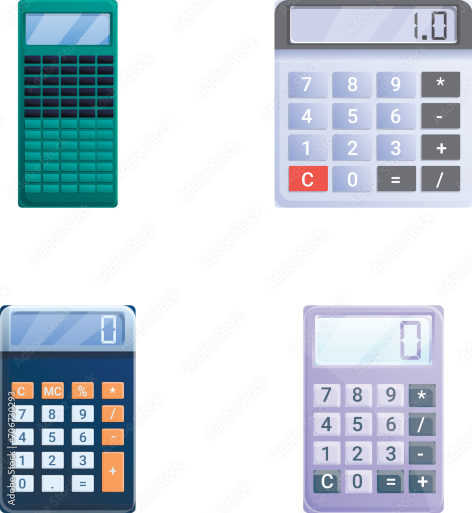 Poster calculator icons set cartoon vector. basic calculator in various color. stationery, math device