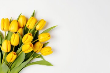 bouquet of beautiful yellow tulips on white background, flat lay and copy space - generative ai