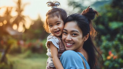Asian mom and her cute little daughter, woman carrying the female child or kid in her hands, both of them are smiling and looking at the camera. Walking in nature, happy family, motherhood concept - obrazy, fototapety, plakaty