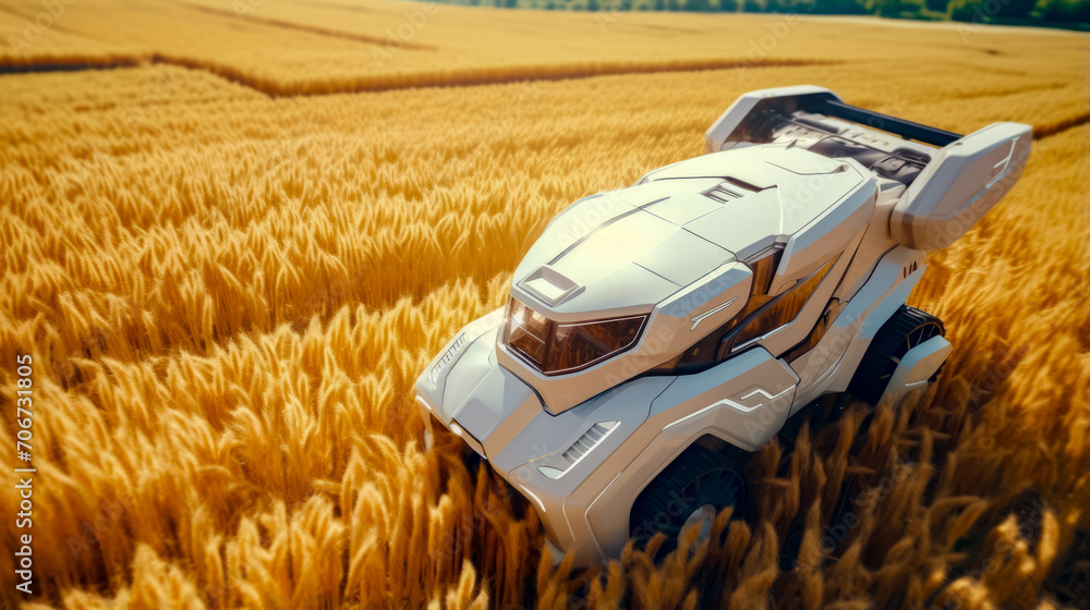 Poster futuristic car is driving through field of wheat in 3d rendering.