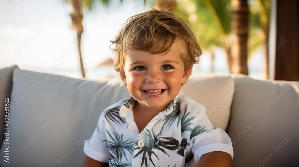 Wall mural beautiful young little baby boy sitting on a white sofa on a beach, smiling and looking at the camer