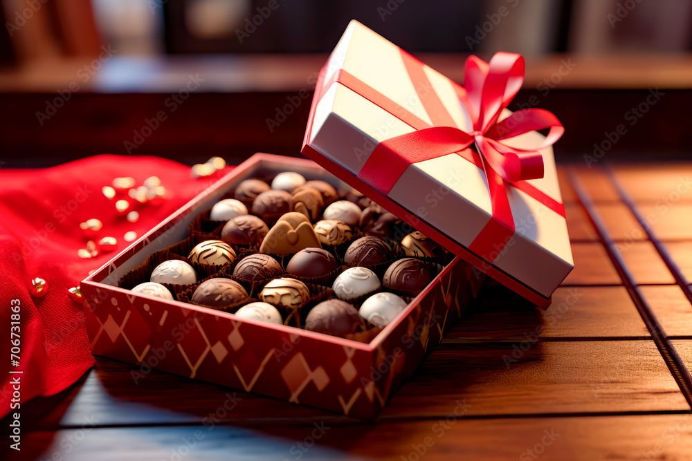 Poster box of chocolates sitting on table with red ribbon around it.