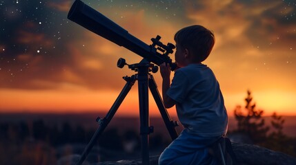 Silhouette of young little boy looking at the starry sky at night or evening through the optical...