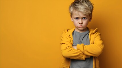 Mad male kid, angry little boy standing with his arms crossed, and looking at the camera with upset face expression. Unhappy toddler, studio shot, annoyed and frustrated child emotion