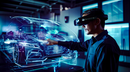 Man in black shirt is using virtual device to inspect car.