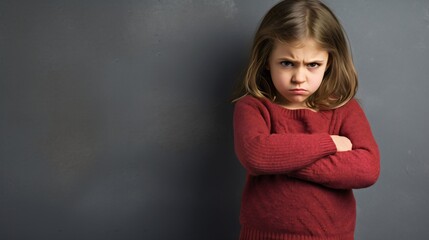 Mad female kid, angry little girl standing with her arms crossed, and looking at the camera with upset face expression. Unhappy toddler, studio shot, annoyed and frustrated child emotion - obrazy, fototapety, plakaty
