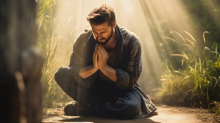 Man praying with his hands clasped, humble male person, guy kneeling down outdoors in nature, sun rays in the background. Spiritual peace, Christian believer, Biblical hope, asking for forgiveness - obrazy, fototapety, plakaty