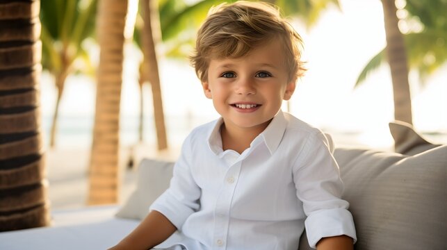 Beautiful young little baby boy sitting on a white sofa on a beach, smiling and looking at the camera, male toddler child or kid in the summer, wearing a white shirt, palm trees and sea blurred